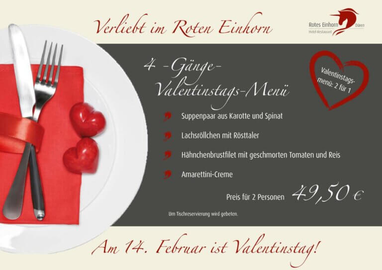 4 Gänge-Valentinstags-Menü im Roten Einhorn - Hotel-Restaurant Rotes